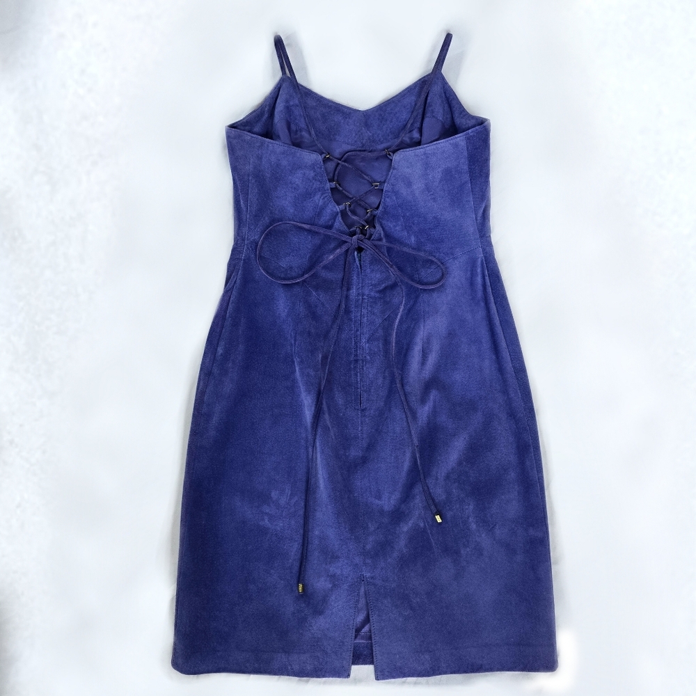Vintage Danier 80s Blue Suede Mini Dress Leather Sweetheart Retro Sml - Picture 3 of 6